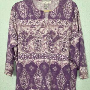 Cathy Daniels Womens Pullover Top Beaded V-neck XL Lavendar Print 3/4 sleeve 182